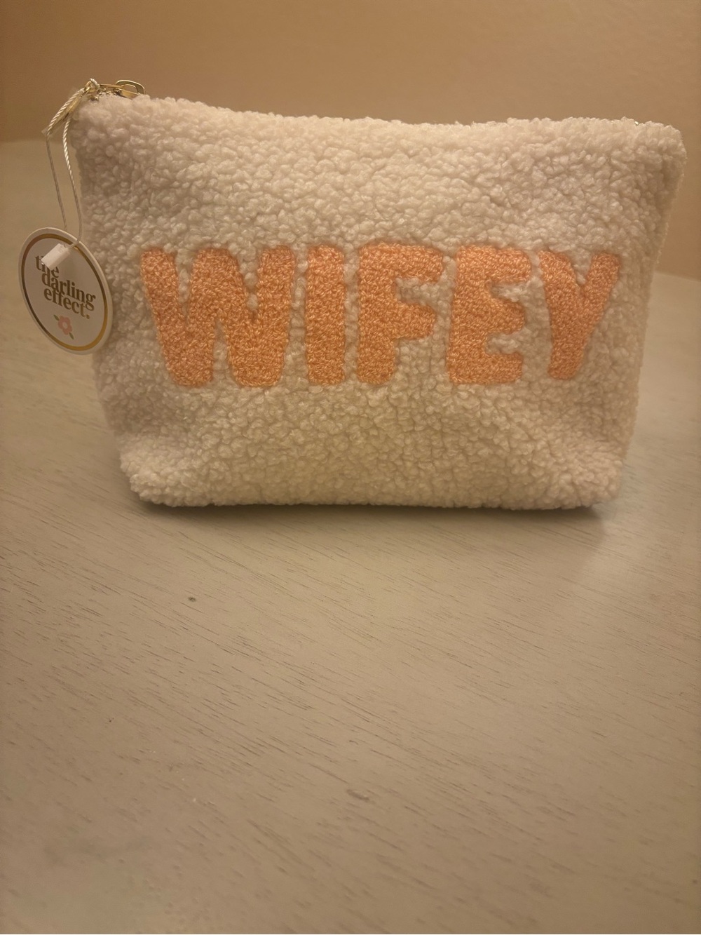 Wifey Sherpa Zip Pouch - Cream with Peach Lettering NWT